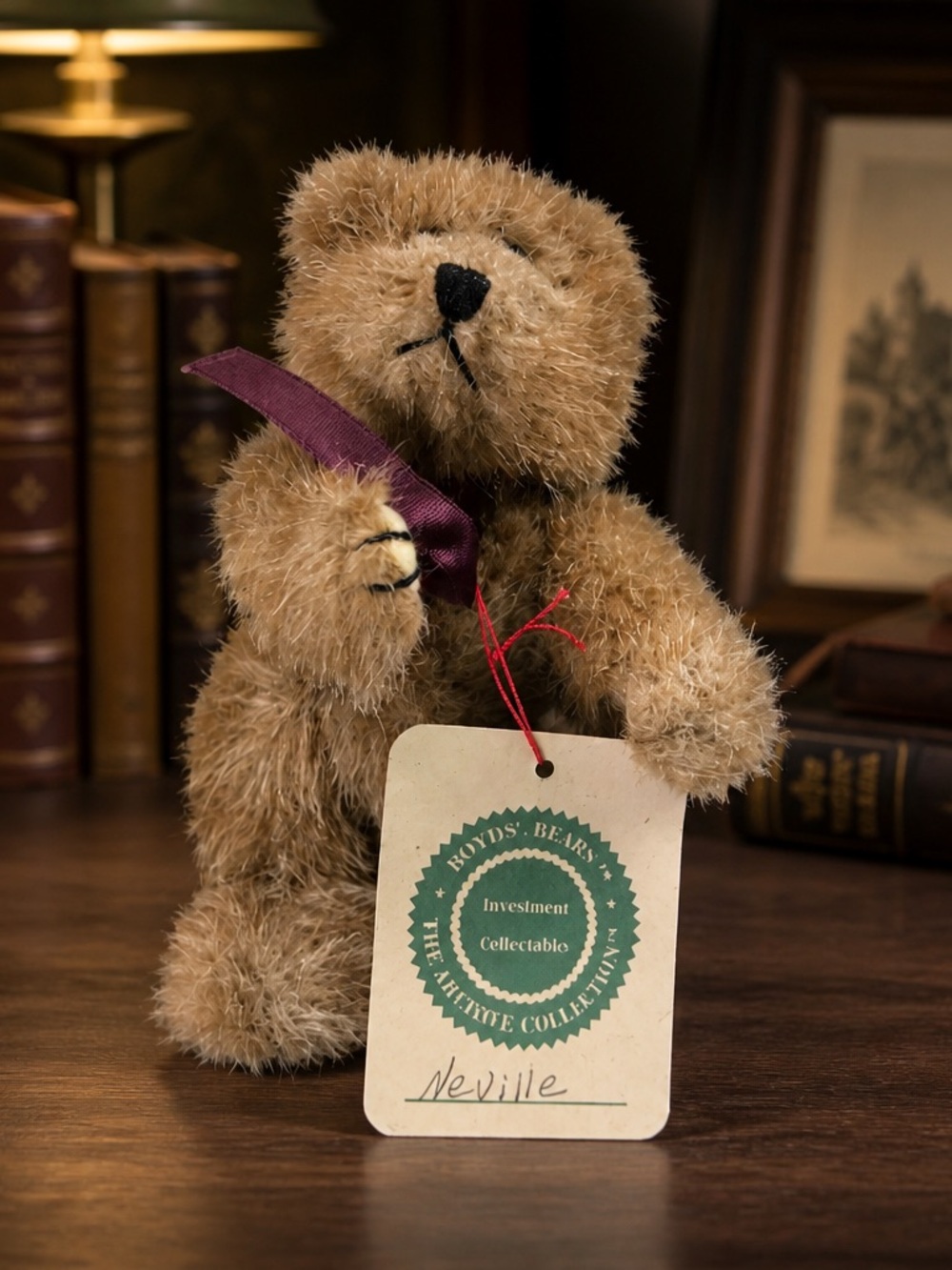 Boyds Bears Neville Teddy with Purple Ribbon and Brown Fur